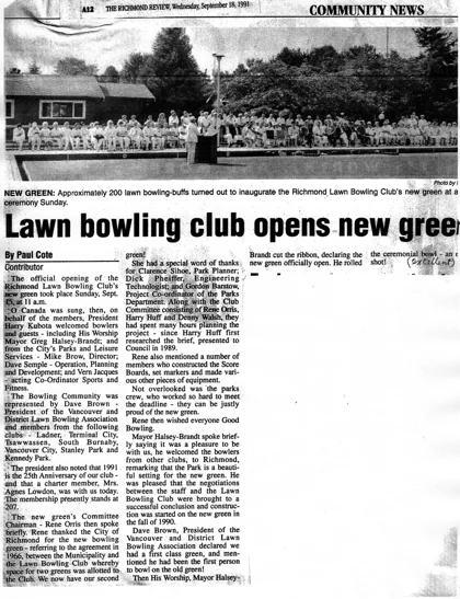 Newspaper photograph and article about the North Green opening in September 1991